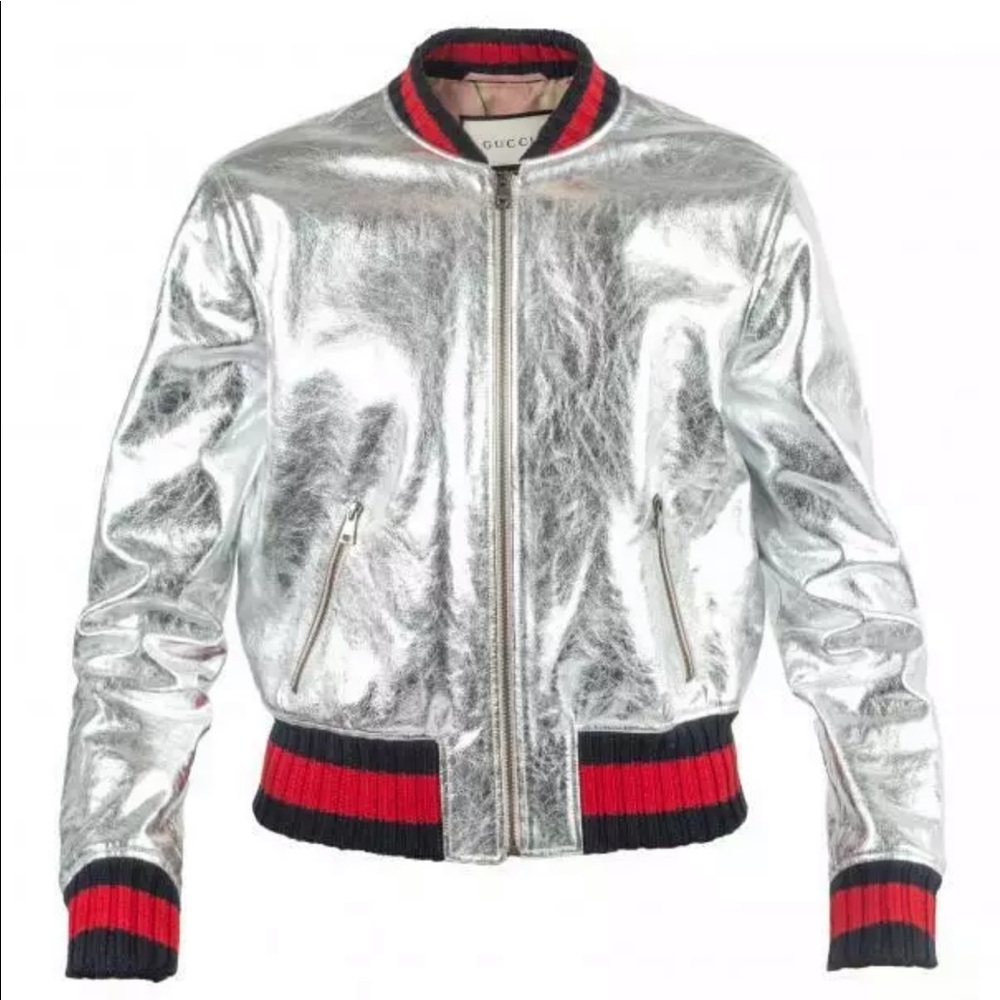 Gucci Crackle Silver Leather Bomber Jacket 42